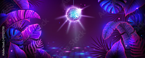 Disco ball illustration with fluorescent tropic leaves. Nature concept. Summer party poster. Vector illustration