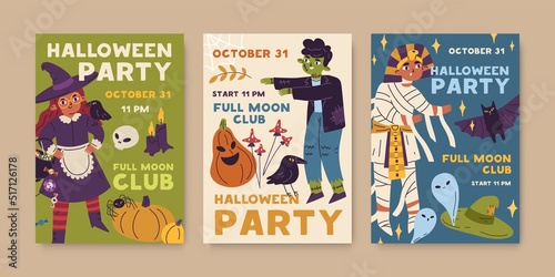 Halloween party cards designs set. Promo banners, ad flyers templates for kids holiday. Event promotions with disguised children in witch, zombie costumes. Colored flat graphic vector illustrations