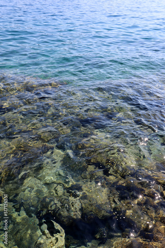 Transparent sea surface with stones on a bottom, vertical shot. Turquoise water for background