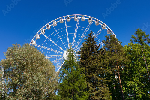 White ferris wheel behind green trees against blue sky