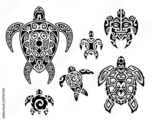 Set of sea turtles Maori style. Tattoo sketch. For print  t-shirt  cards  fabric  tattoo.