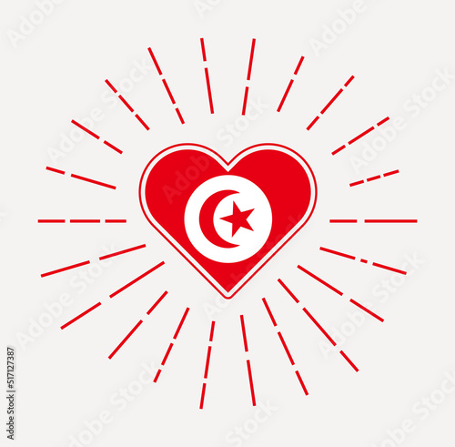 Tunisia heart with flag of the country. Sunburst around Tunisia heart sign. Vector illustration.