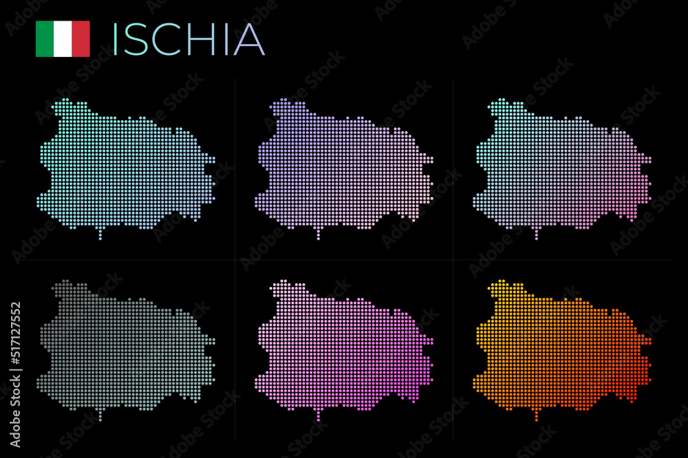 Ischia dotted map set. Map of Ischia in dotted style. Borders of the island filled with beautiful smooth gradient circles. Cool vector illustration.