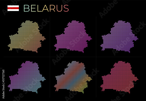 Belarus dotted map set. Map of Belarus in dotted style. Borders of the country filled with beautiful smooth gradient circles. Radiant vector illustration.