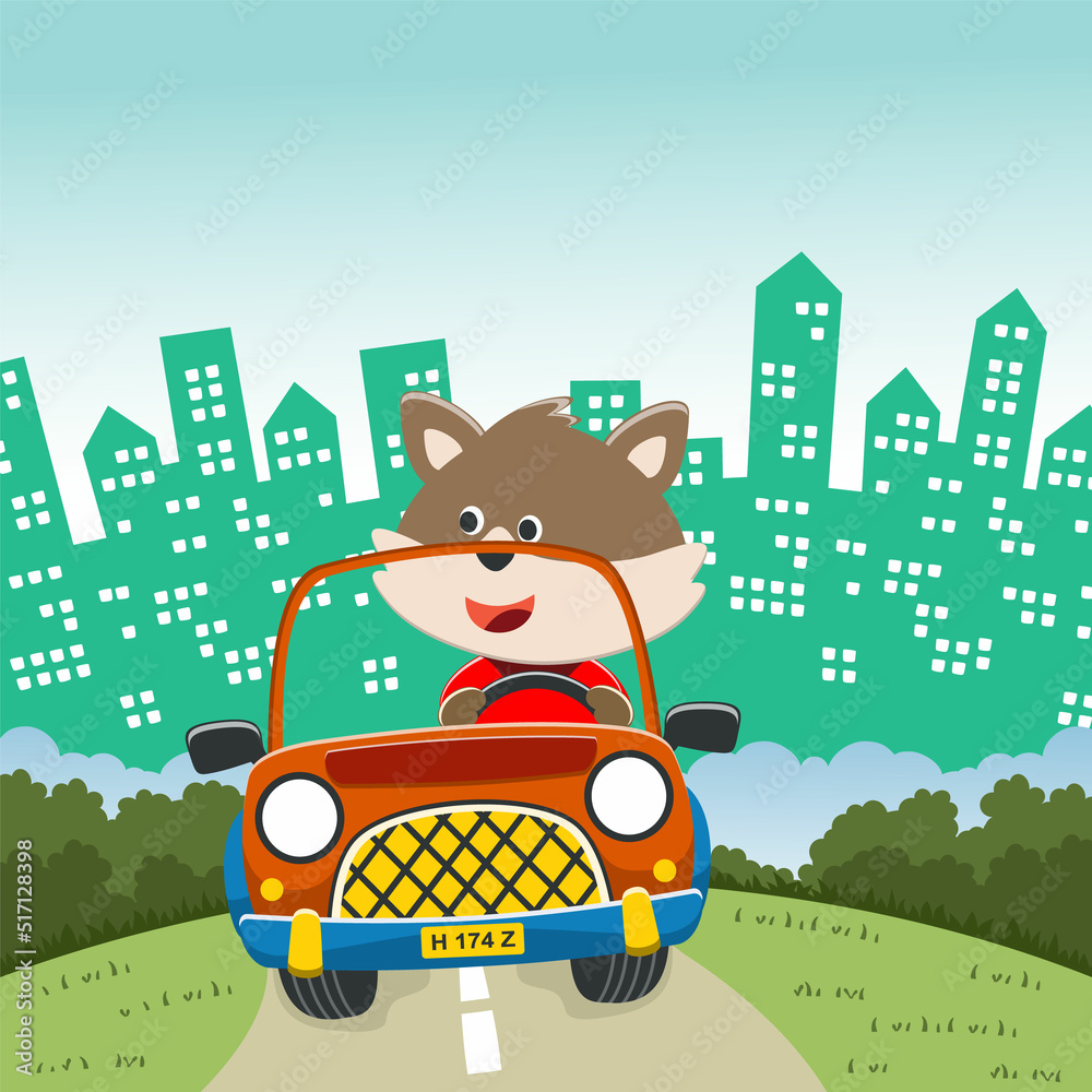 Vector illustration of cute little fox on a off road car go to forest, Can be used for t-shirt print, kids wear, invitation card. fabric, textile, nursery wallpaper, poster and other decoration. Vector illustration of cute little fox on a off road car go to forest, Can be used for t-shirt print, kids wear, invitation card. fabric, textile, nursery wallpaper, poster and other decoration.