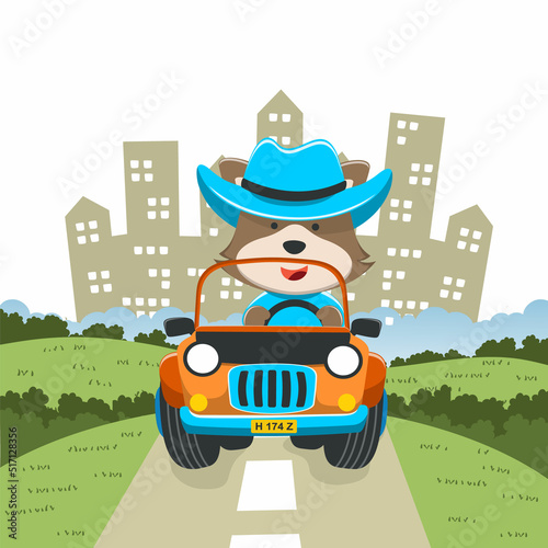 Vector illustration of cute little fox on a off road car go to forest, Can be used for t-shirt print, kids wear, invitation card. fabric, textile, nursery wallpaper, poster and other decoration.