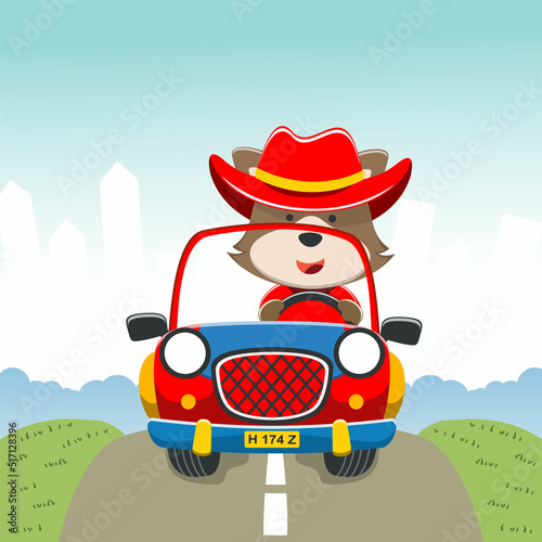 Vector illustration of cute little fox on a off road car go to forest, Can be used for t-shirt print, kids wear, invitation card. fabric, textile, nursery wallpaper, poster and other decoration.