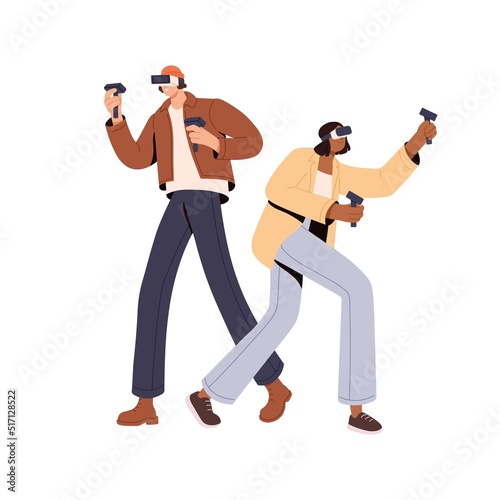 Couple of man and woman playing in virtual reality, wearing VR headset. Happy friends, guy and girl in digital glasses for cyberspace simulation. Flat vector illustration isolated on white background