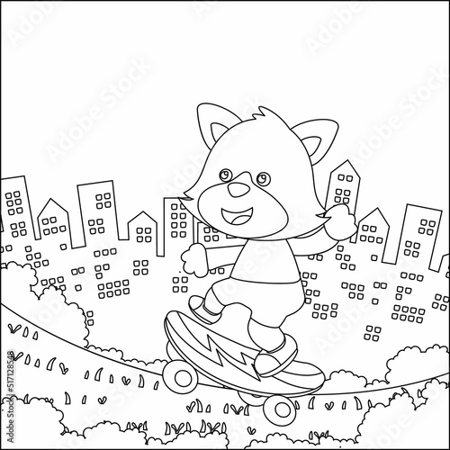 Vector illustration of cute little fox on skate board. Cartoon isolated vector illustration, Creative vector Childish design for kids activity colouring book or page.