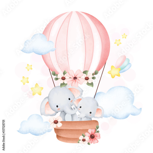 Watercolor Illustration cute elephant in hot air balloon
