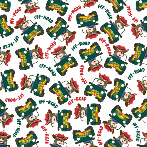 Seamless pattern vector of Cute fox cartoon having fun driving off road car go to forest. Creative vector childish background for fabric textile, nursery wallpaper, poster. and other decoration.