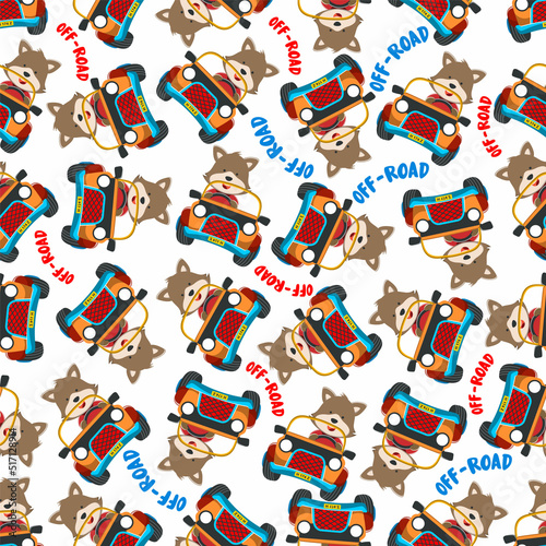 Seamless pattern vector of Cute fox cartoon having fun driving off road car go to forest. Creative vector childish background for fabric textile, nursery wallpaper, poster. and other decoration.