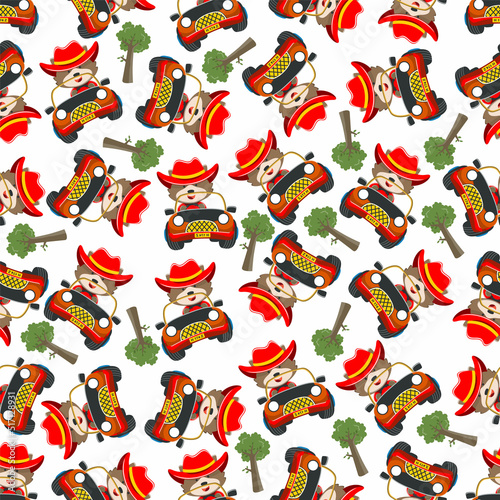 Seamless pattern vector of Cute fox cartoon having fun driving off road car go to forest. Creative vector childish background for fabric textile, nursery wallpaper, poster. and other decoration.