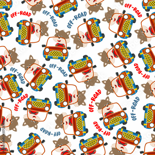 Seamless pattern vector of Cute fox cartoon having fun driving off road car go to forest. Creative vector childish background for fabric textile, nursery wallpaper, poster. and other decoration.