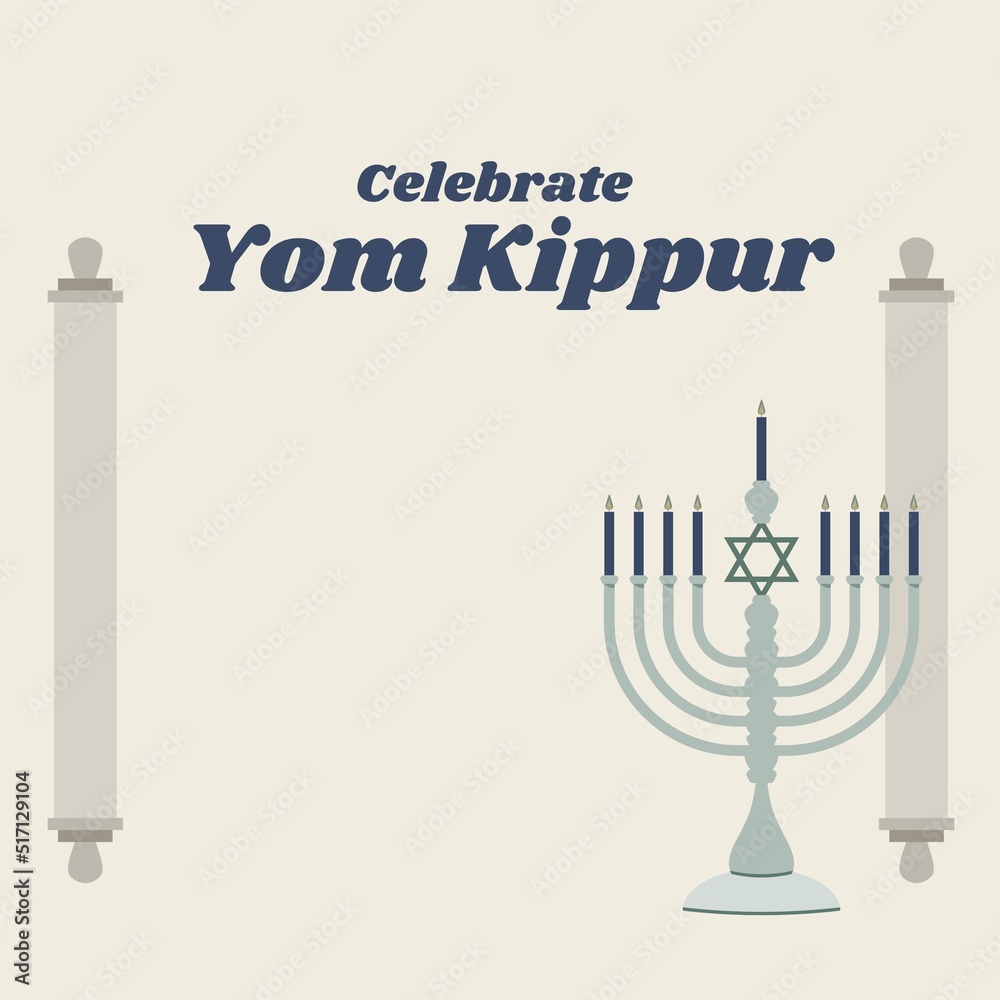 Image of celebrate yom kippur over beige background with rolls and menorah