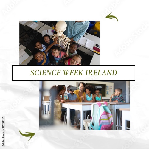 Composition of science week ireland text over diverse schoolchildren with vr headset