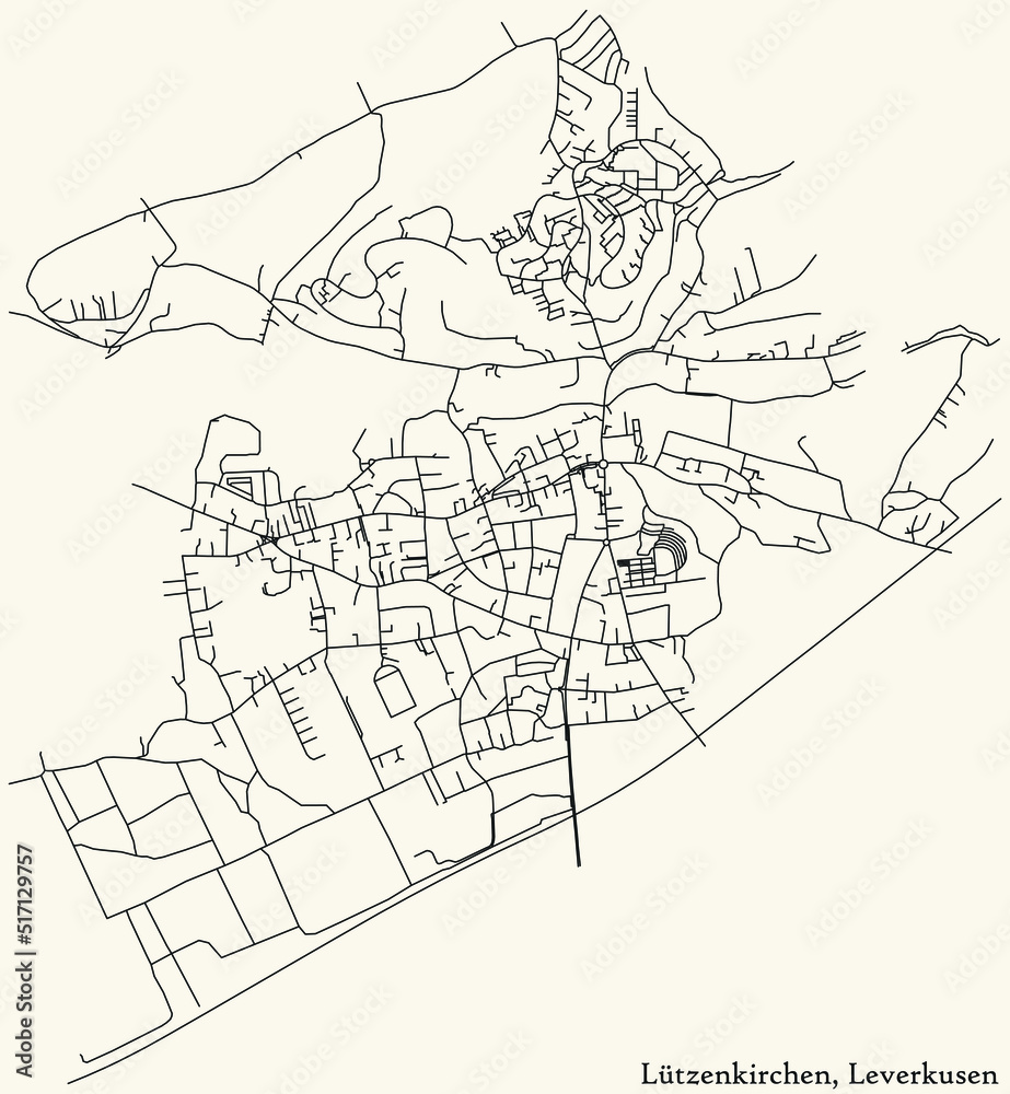 Fototapeta premium Detailed navigation black lines urban street roads map of the LUETZENKIRCHEN DISTRICT of the German regional capital city of Leverkusen, Germany on vintage beige background