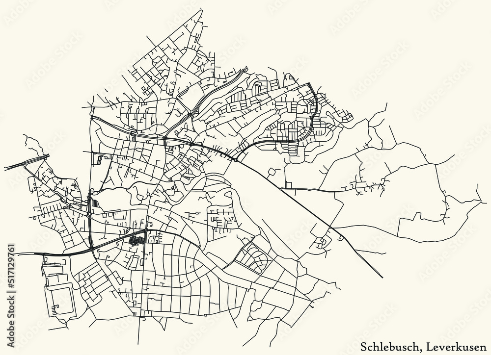 Detailed navigation black lines urban street roads map of the SCHLEBUSCH DISTRICT of the German regional capital city of Leverkusen, Germany on vintage beige background