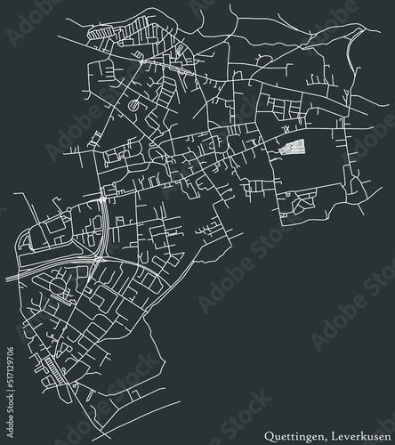 Detailed negative navigation white lines urban street roads map of the QUETTINGEN DISTRICT of the German regional capital city of Leverkusen, Germany on dark gray background