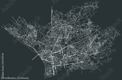 Detailed negative navigation white lines urban street roads map of the German regional capital city of LEVERKUSEN, GERMANY on dark gray background
