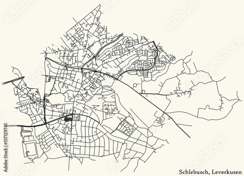 Detailed navigation black lines urban street roads map of the SCHLEBUSCH DISTRICT of the German regional capital city of Leverkusen  Germany on vintage beige background