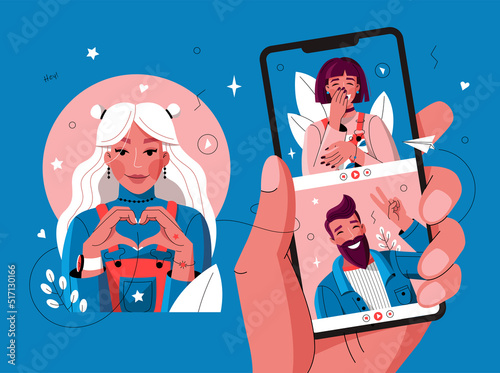 Vector illustration in a flat style. The concept of a video conference with friends on the phone screen. Meeting happy people.