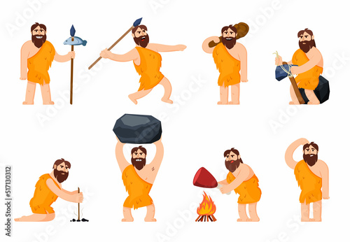 primitive cave people. wild aggressive prehistoric barbarian characters in action poses hunting eating fighting. Vector cartoon cave persons
