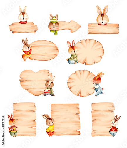 Watercolor illustration set of wooden board and rabbit