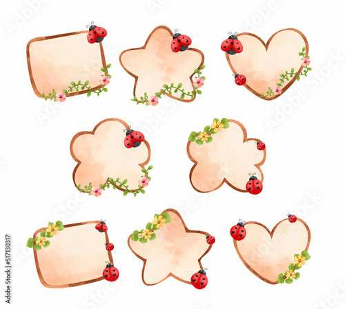 Watercolor illustration set of wooden board with lady bug and flowers