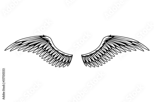 Vintage heraldic wings sketch. Monochrome stylized birds wings. Hand drawn contoured stiker wing in open position. Design elements in coloring style