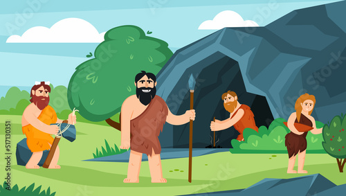 cave people background. prehistoric wild family living walking hunting. Vector male and female primitive persons