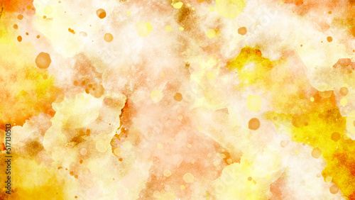 Colorful orange fire unicorn girly grunge on paper texture. Art paint blots background. Fantasy fire light yellow watercolor bokeh paper texture. Beautiful grunge with dots. Space for text.