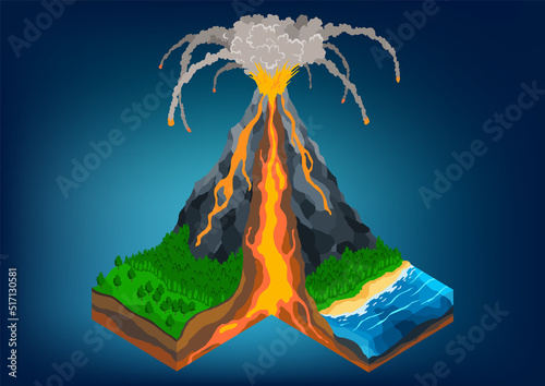 Isometric of volcano in cross section infographic. Structure include magma chamber, gases cone, vent and crater lava bomb ash. Section of the Earth crust