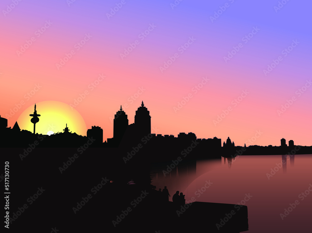 Vector city embankment at sunset. City silhouette, cityscape.