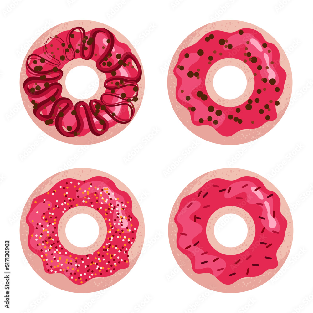 Fototapeta premium Donuts set with caramel and sprinkles. Top view vector illustration