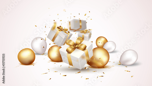 gift box with gold confetti and balloons , isolated on transparent background