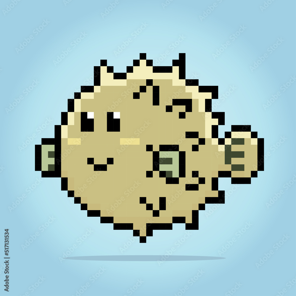 puffer fish in pixel art. Animals for game assets in vector illustration.