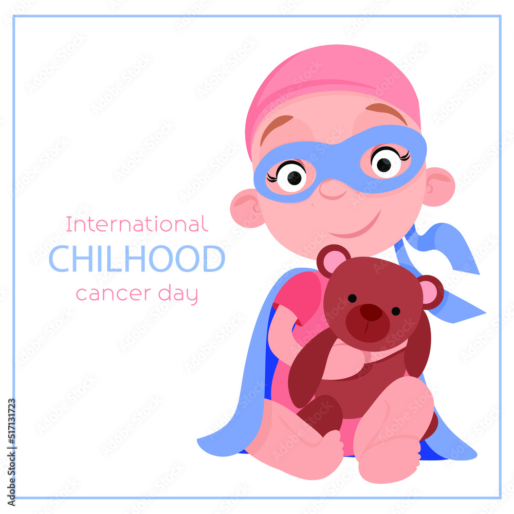 Obraz premium A little girl in a superhero costume sits and holds a bear in honor of the International Day of Children with Cancer