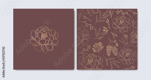  Collection card. Flowers illustration. Seamless pattern, minimal line art style Vector 