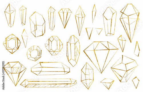 Vector set of hand drawn geometric shapes of crystals with golden texture.