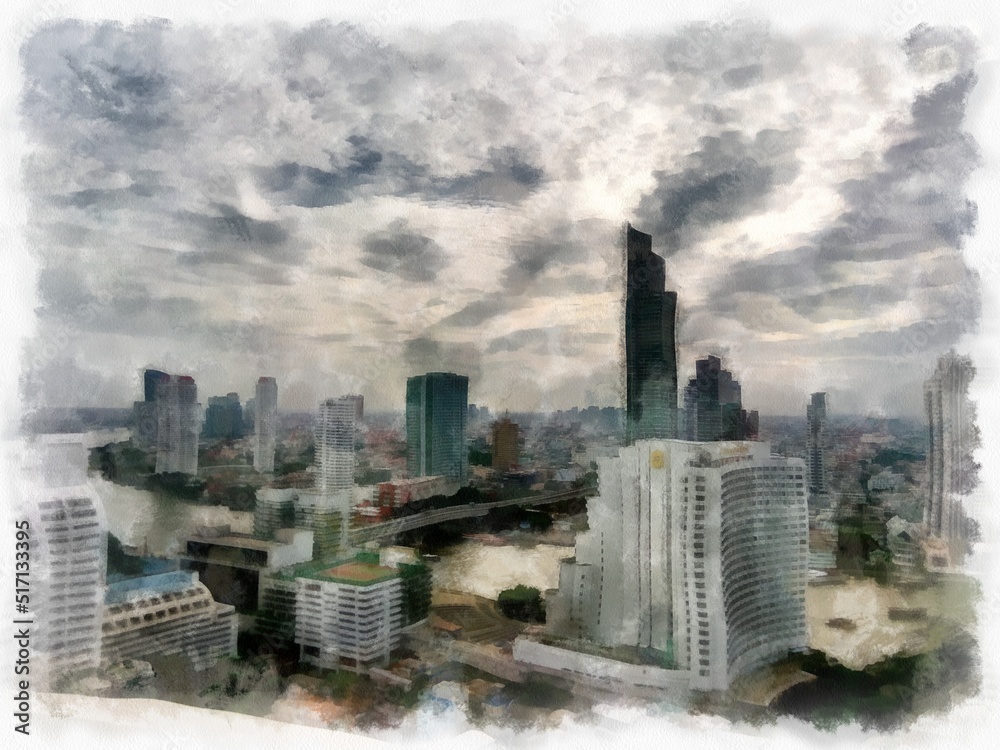 Bangkok city landscape tall buildings along the Chao Phraya River watercolor style illustration impressionist painting.