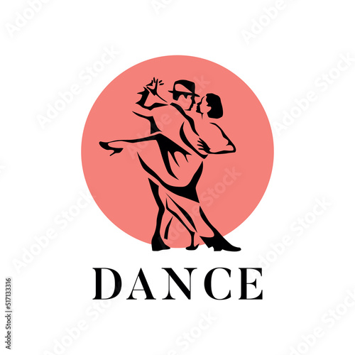 Dancing couple man and woman vector illustration, logo, icon for dansing school, party. White, Pink and black.