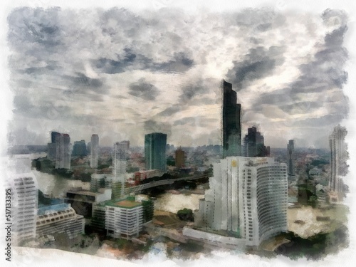 Bangkok city landscape tall buildings along the Chao Phraya River watercolor style illustration impressionist painting.