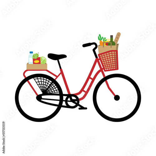 Retro bike carrying groceries on basket and rear rack.