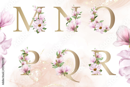 Watercolor floral alphabet set of m, n, o, p, q, r with hand drawn Flower and Leaves