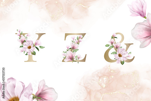 Watercolor floral alphabet set of y, z, and with hand drawn Flower and Leaves