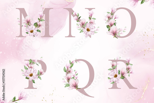 Watercolor floral alphabet set of m, n, o, p, q, r with hand drawn Flower and Leaves