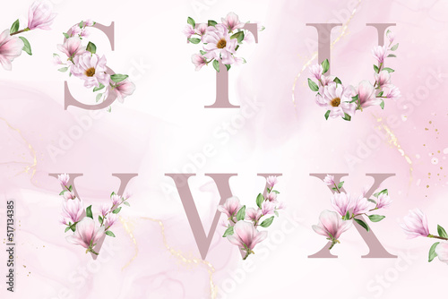 Watercolor floral alphabet set of s, t, u, v, w, x with hand drawn Flower and Leaves