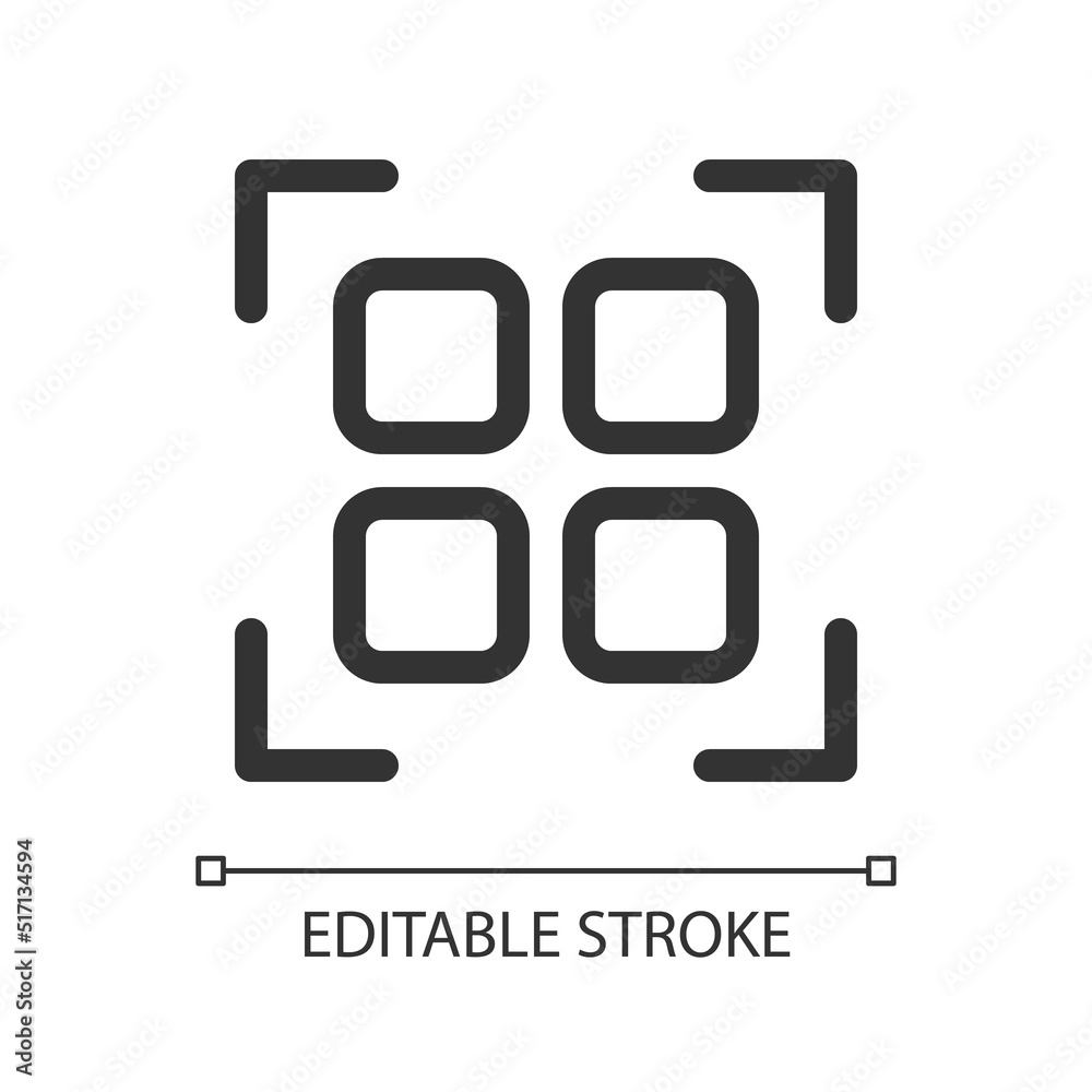 Scan qr code pixel perfect linear ui icon. Decode digital information with smartphone. GUI, UX design. Outline isolated user interface element for app and web. Editable stroke. Arial font used Scan qr code pixel perfect linear ui icon. Decode digital information with smartphone. GUI, UX design. Outline isolated user interface element for app and web. Editable stroke. Arial font used