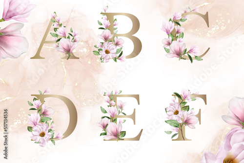 Watercolor floral alphabet set of a, b, c, d, e, f with hand drawn Flower and Leaves